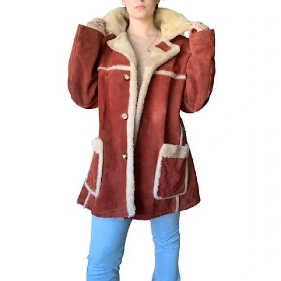RARE vintage 70s burnt orange genuine suede Sherpa retro coat size XL - Picture 1 of 16